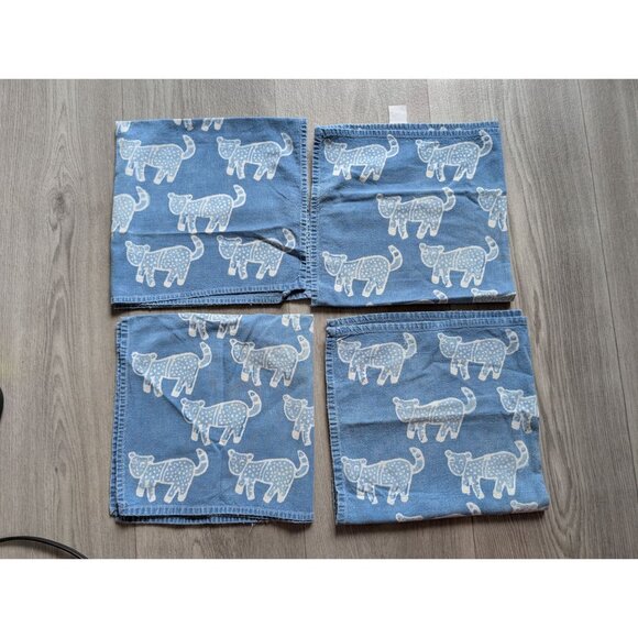 Set Of 4 Blue Cotton Cat Print Napkins - Picture 1 of 6